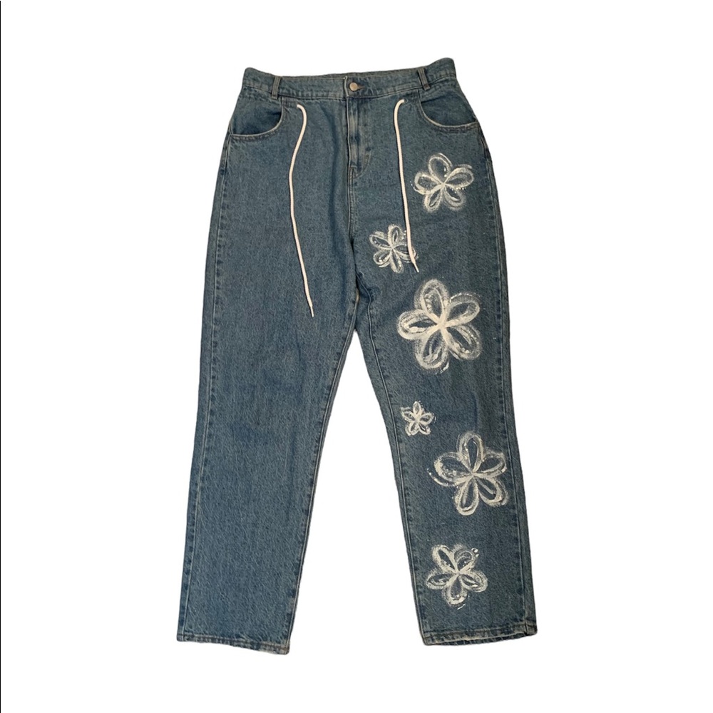 PACSUN Highwaisted Drawstring Mom Jeans w/Painted Daisy Flowers Sz 30